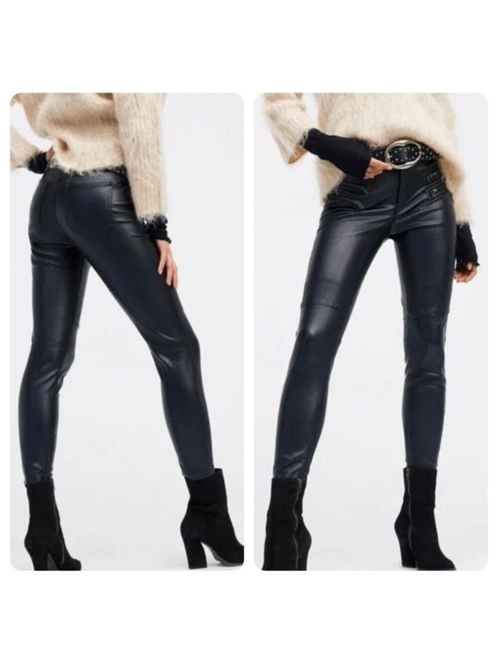 Free People Vegan Faux Leather Moto Pants Black Zippers Size 0 28 Waist